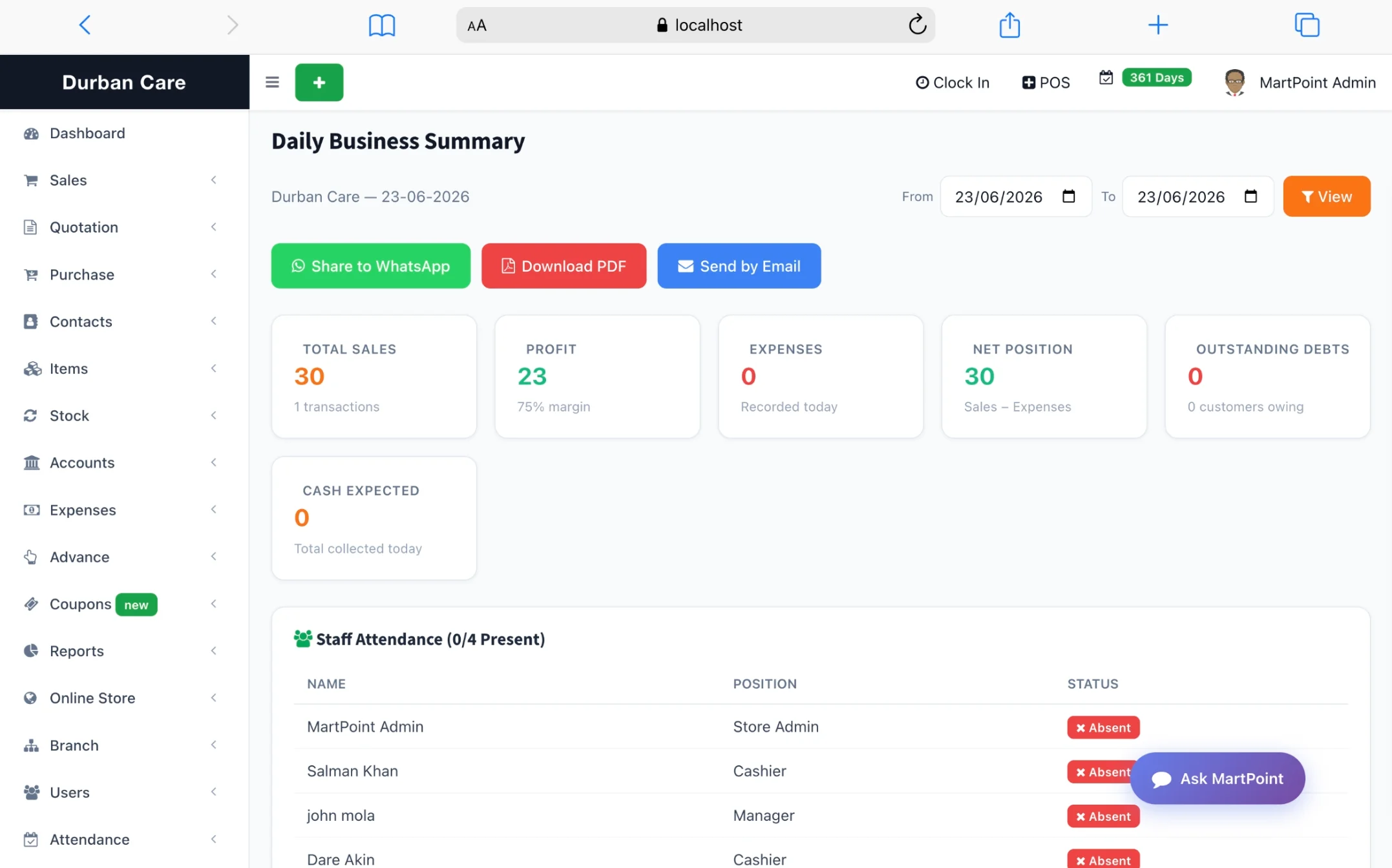 MartPoint Retail Dashboard with sales metrics, stock alerts and transaction history