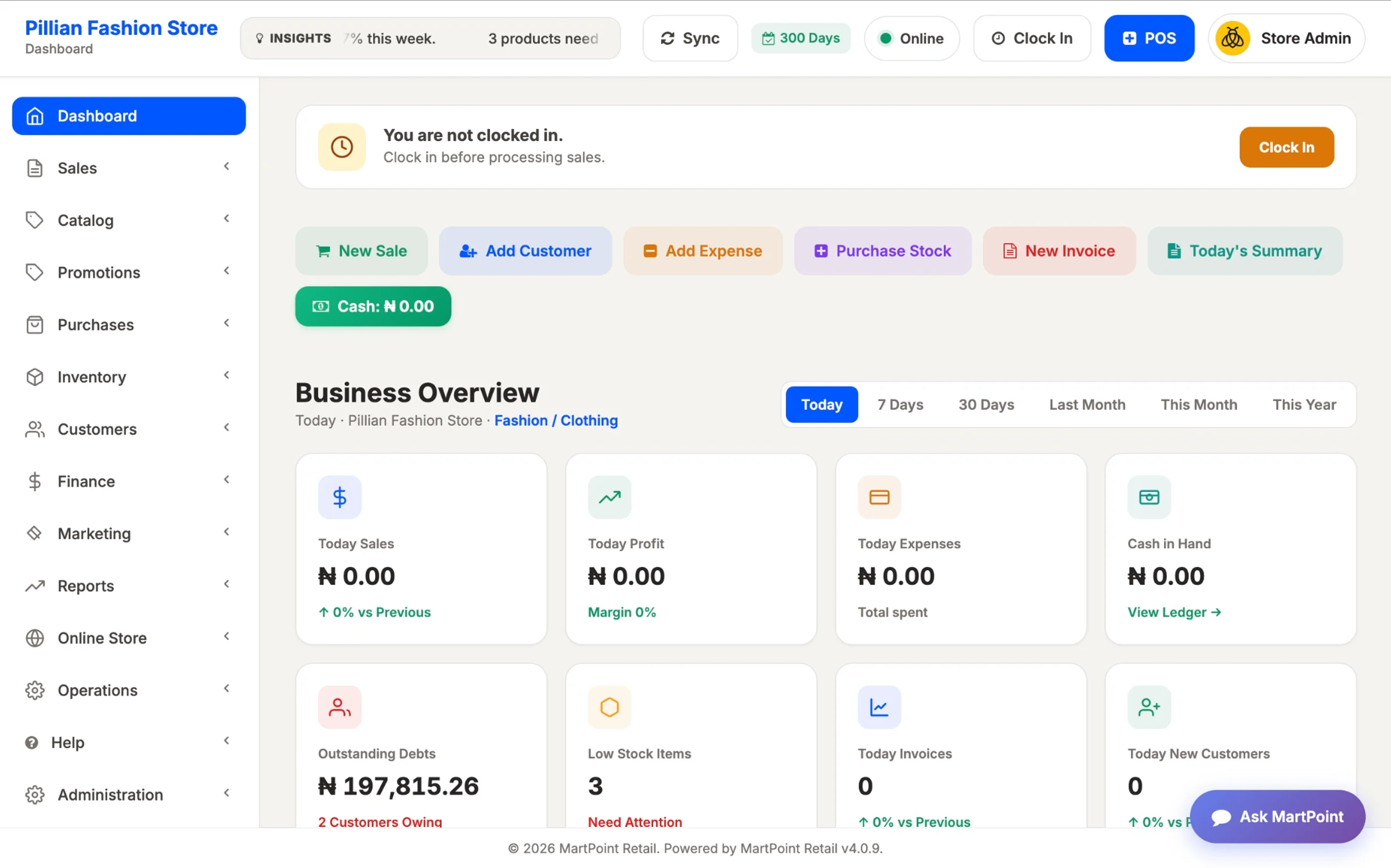 Actual MartPoint Retail dashboard showing sales, profit, expenses, cash in hand, outstanding debts and low stock items, with Catalog, Inventory, Customers, Online Store and Reports in the side menu.